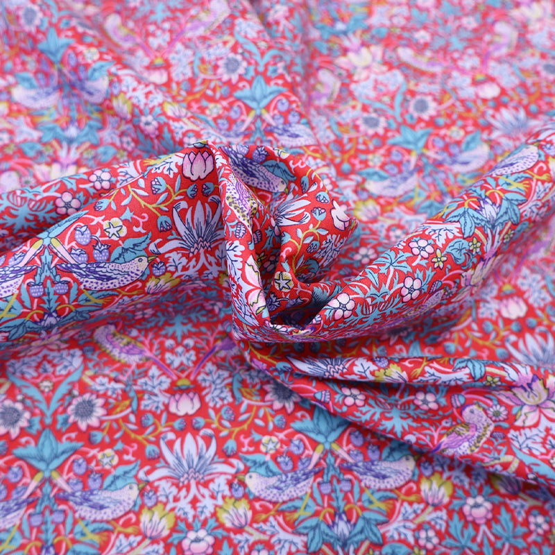 100% Cotton Lawn Liberty Fabrics Red Cotton Lawn Fabric - Strawberry Thief