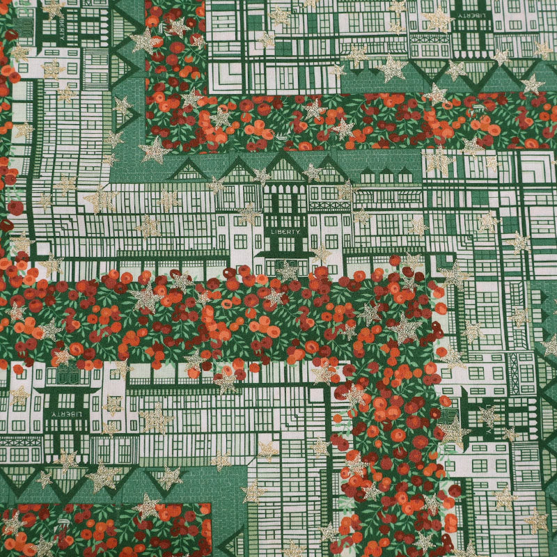 100% Cotton  Liberty Fabrics Organic Tana Lawn™ - Tudor Berry - Green and Gold Stars