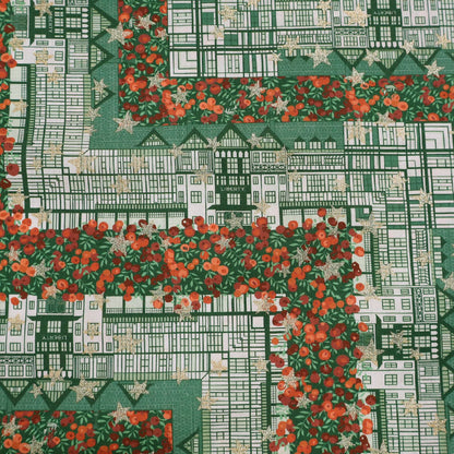 100% Cotton  Liberty Fabrics Organic Tana Lawn™ - Tudor Berry - Green and Gold Stars