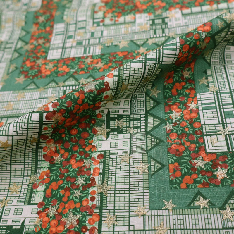 100% Cotton  Liberty Fabrics Organic Tana Lawn™ - Tudor Berry - Green and Gold Stars