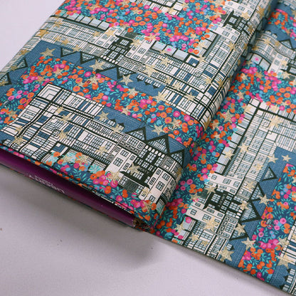 100% Cotton Liberty Fabrics Organic Tana Lawn™ - Tudor Berry - Petrol Blue , Pink and Orange