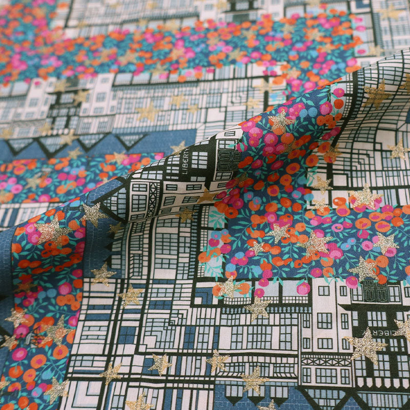 100% Cotton Liberty Fabrics Organic Tana Lawn™ - Tudor Berry - Petrol Blue , Pink and Orange