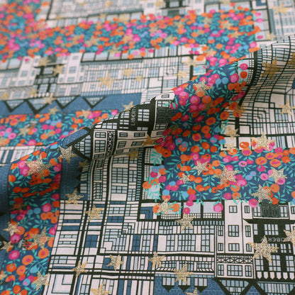 100% Cotton Liberty Fabrics Organic Tana Lawn™ - Tudor Berry - Petrol Blue , Pink and Orange