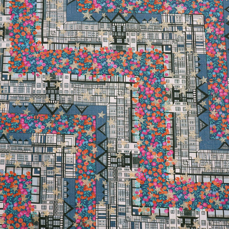 100% Cotton Liberty Fabrics Organic Tana Lawn™ - Tudor Berry - Petrol Blue , Pink and Orange