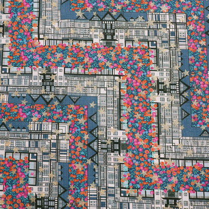 100% Cotton Liberty Fabrics Organic Tana Lawn™ - Tudor Berry - Petrol Blue , Pink and Orange