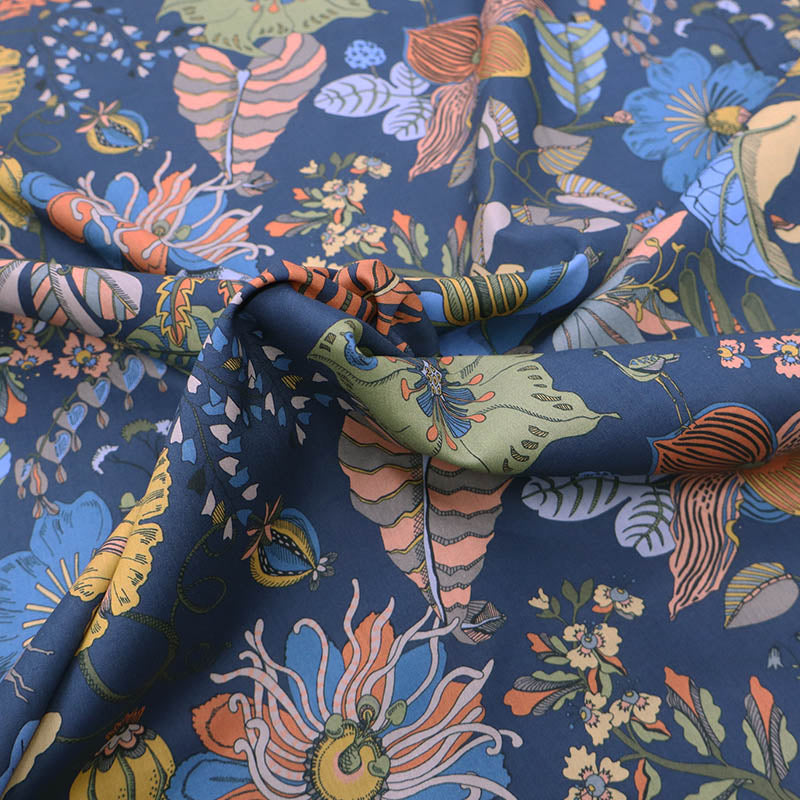 100% Cotton Liberty Cotton Lawn Fabric - Blue Botanical and Floral print