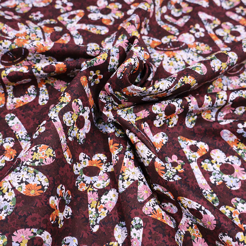 100% Cotton Burgundy and Orange Floral Liberty Fabric - Flower Power