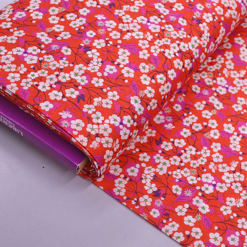 100% Cotton Tana Lawn™ Liberty Cotton Lawn Fabric - Pink and White Cherry Blossom Print on a Red background