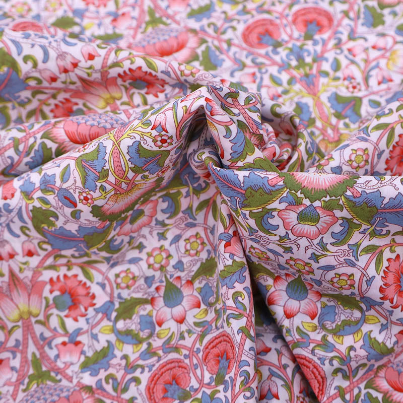 100% Cotton Tana Lawn™ Liberty Cotton Lawn Fabric - Lodden- pink, green and blue floral design on a white background