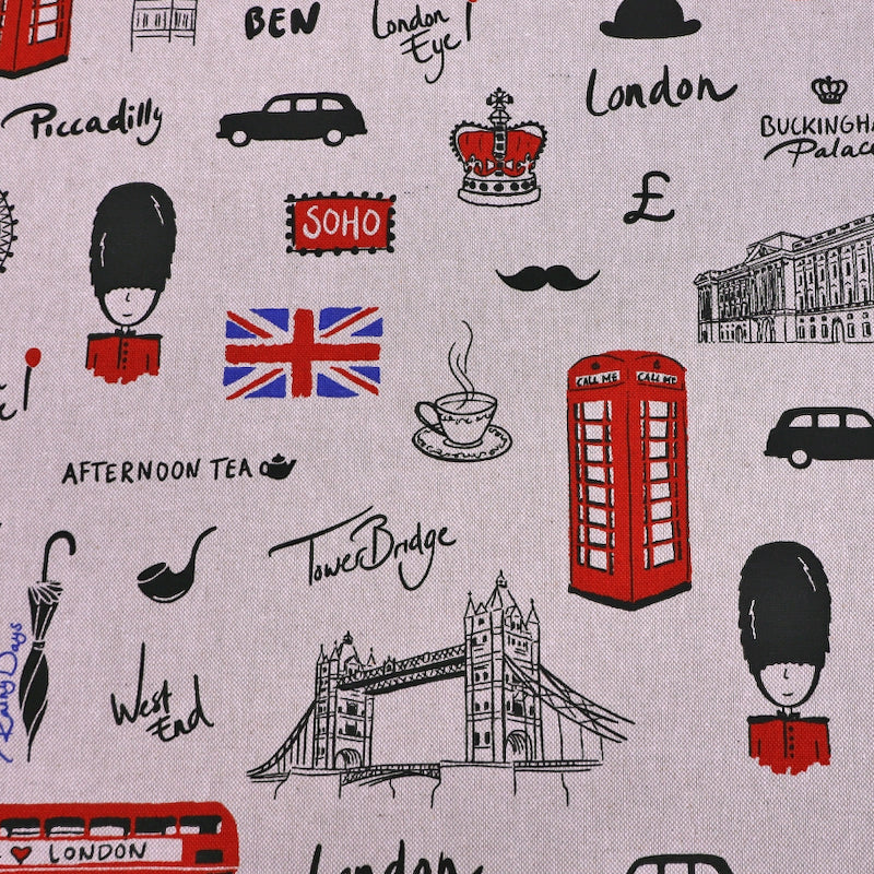 80% Cotton 20% Polyester London Themed Cream Linen Look Fabric
