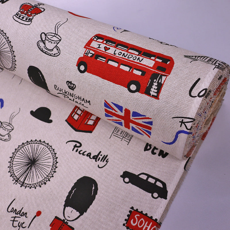 80% Cotton 20% Polyester London Themed Cream Linen Look Fabric