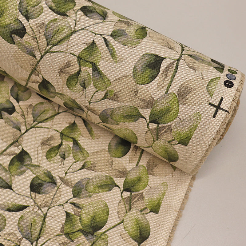  Leaf print linen look furnishing fabric