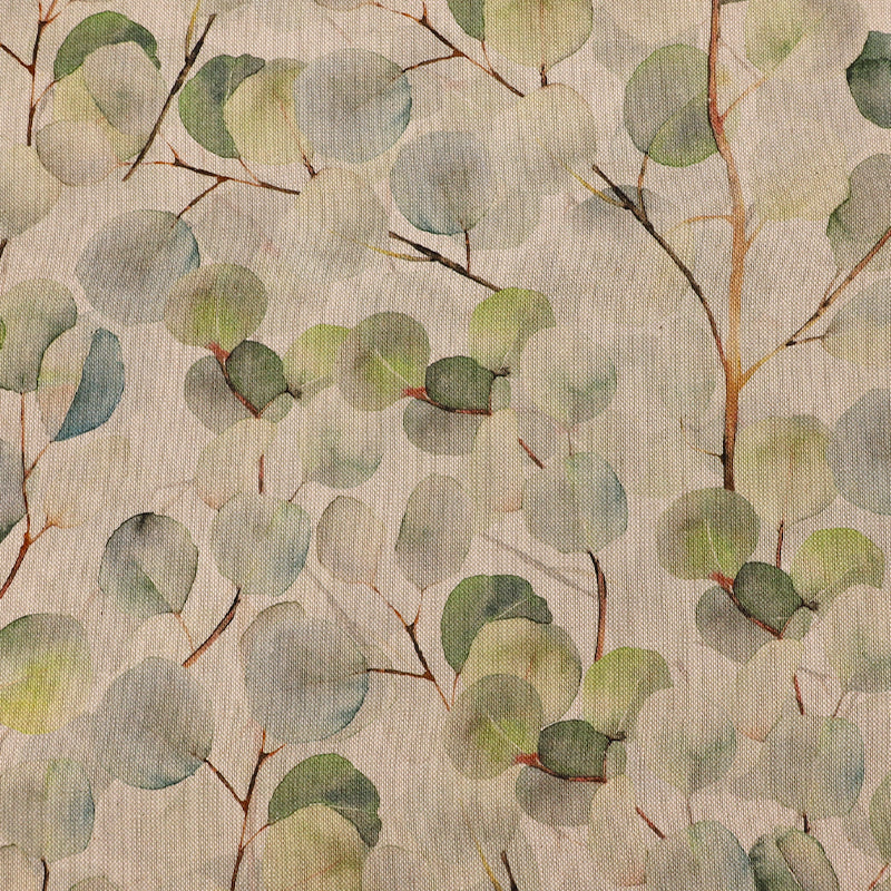 80% Cotton 20% Polyester   Pale Green Linen Look Leaf Print Furnishing Fabric