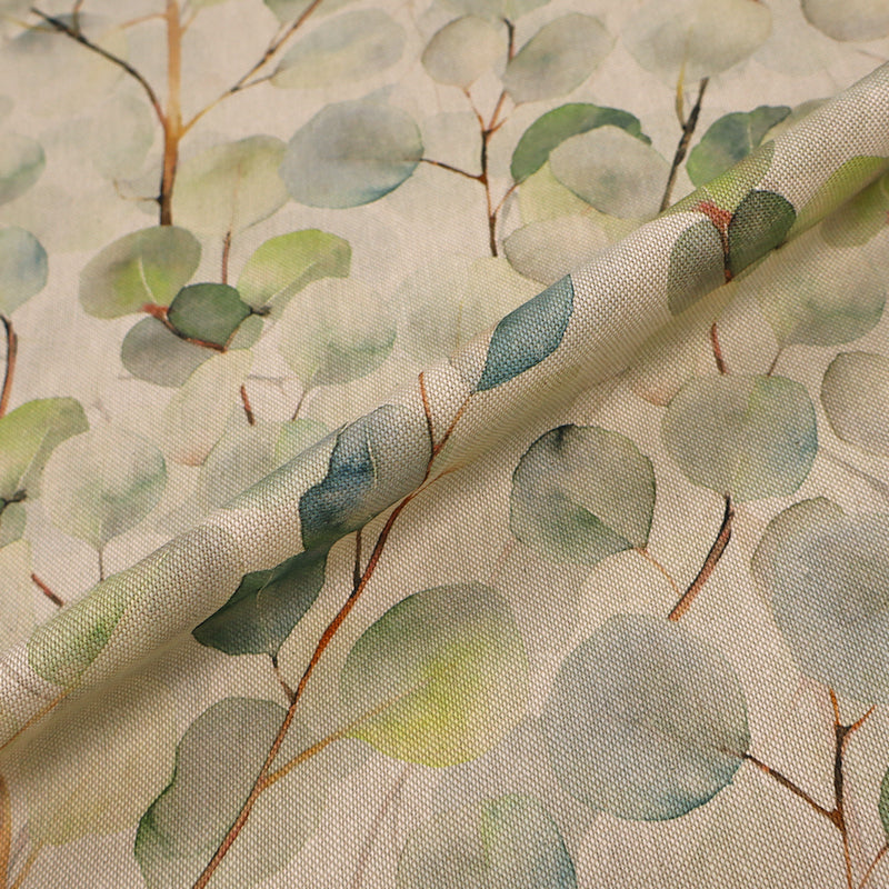 80% Cotton 20% Polyester   Pale Green Linen Look Leaf Print Furnishing Fabric