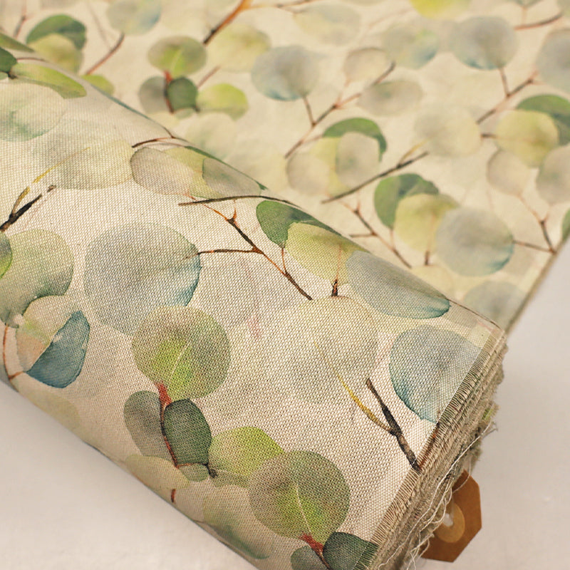 80% Cotton 20% Polyester   Pale Green Linen Look Leaf Print Furnishing Fabric