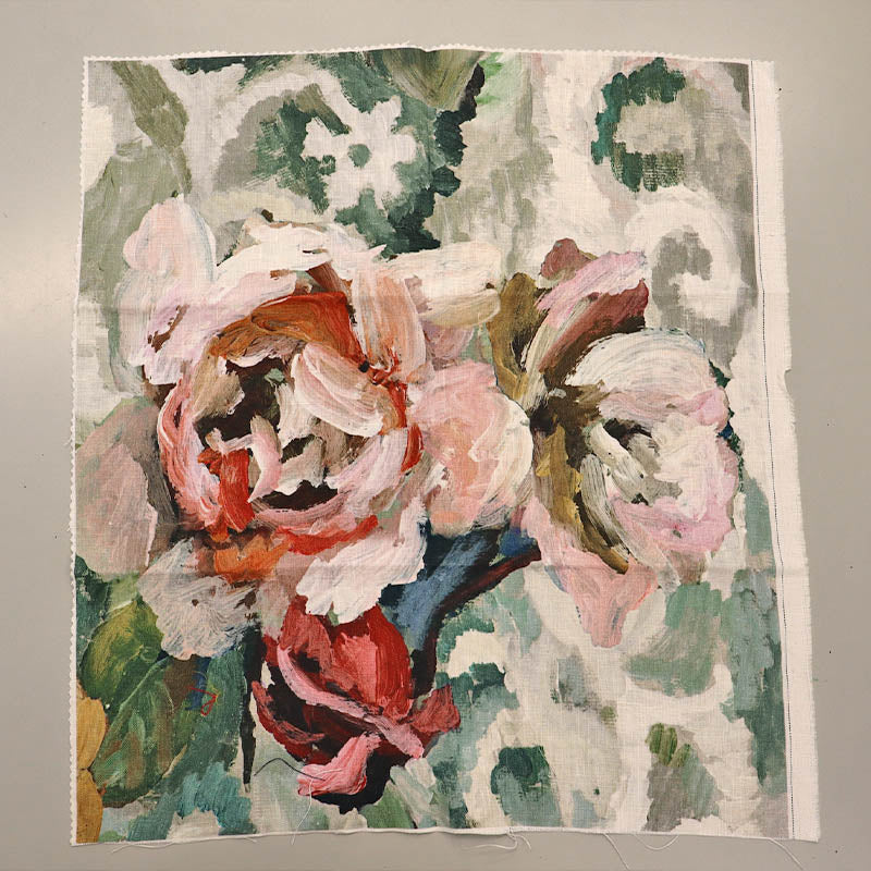 Beautiful linen panel fabric featuring an impressionist floral rose print in soft shades of pink.