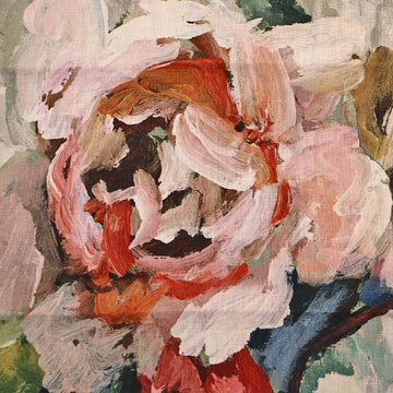 Beautiful linen panel fabric featuring an impressionist floral rose print in soft shades of pink.
