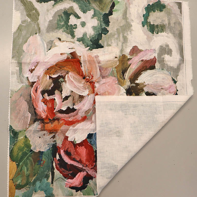 Beautiful linen panel fabric featuring an impressionist floral rose print in soft shades of pink.