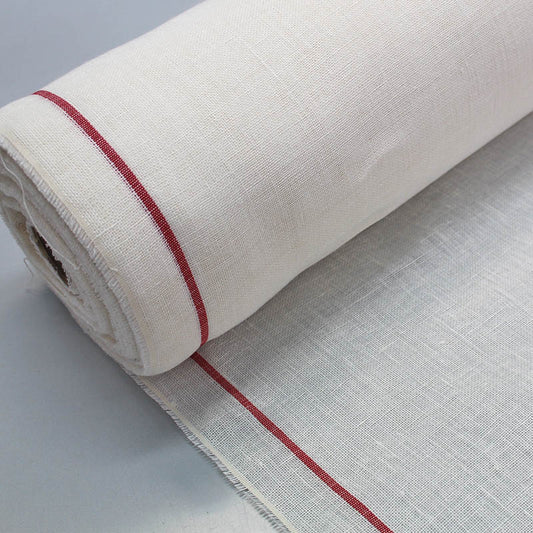100% Linen Deadstock Linen Scrim Fabric - White with Red Stripe