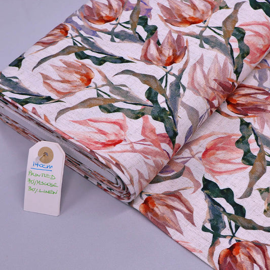 70% Viscose 30% Linen blend Fabric - Cream Floral featuring a watercolour style floral print of tulip shaped blooms in soft pinks with green leaves on a cream background.
