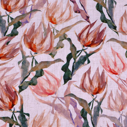 70% Viscose 30% Linen blend Fabric - Cream Floral featuring a watercolour style floral print of tulip shaped blooms in soft pinks with green leaves on a cream background.
