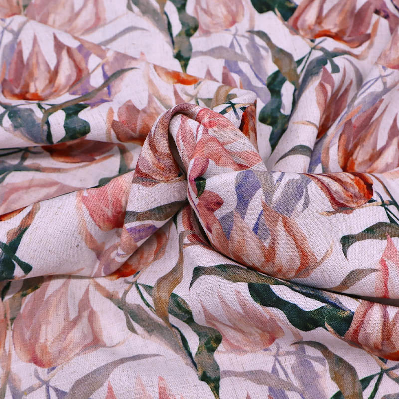 70% Viscose 30% Linen blend Fabric - Cream Floral featuring a watercolour style floral print of tulip shaped blooms in soft pinks with green leaves on a cream background.