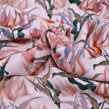 70% Viscose 30% Linen blend Fabric - Cream Floral featuring a watercolour style floral print of tulip shaped blooms in soft pinks with green leaves on a cream background.