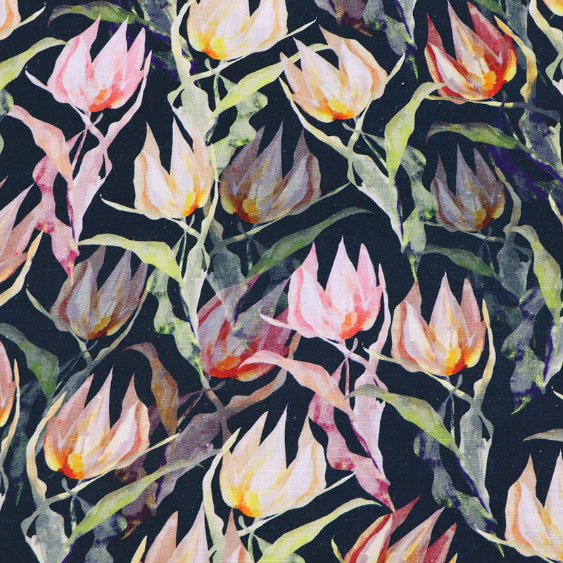 70% Viscose 30% Linen blend Fabric - Dark Blue Floral featuring a watercolour style floral print in peach yellow and orange with green leaves on a dark navy blue background.
