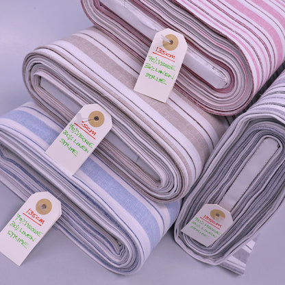 Linen and Viscose Blend fabrics in pink, blue, grey and taupe with white  stripes 