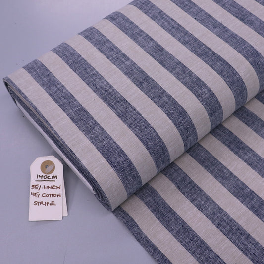 55% Cotton 45% Linen Linen Blend Chambray Fabric - Blue and Brown Stripe