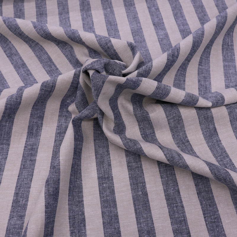55% Cotton 45% Linen Linen Blend Chambray Fabric - Blue and Brown Stripe
