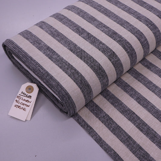 55% Cotton 45% Linen Linen Blend Chambray Fabric - Grey and Taupe Stripe
