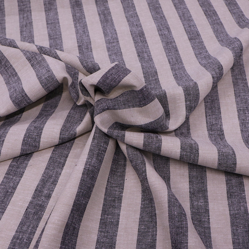 55% Cotton 45% Linen Linen Blend Chambray Fabric - Grey and Taupe Stripe