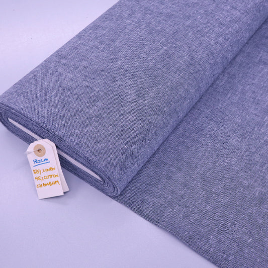 55% Cotton and 45% Linen Linen Blend Chambray Fabric - Plain Dark Blue