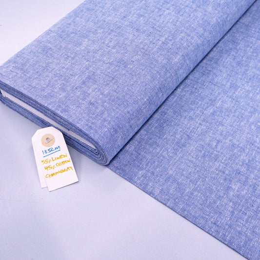 55% Cotton and 45% Linen Linen Blend Chambray Fabric - Pale Blue