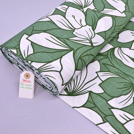 75% Linen 25% Cotton
Linen and Cotton Blend Fabric - Green and white Floral