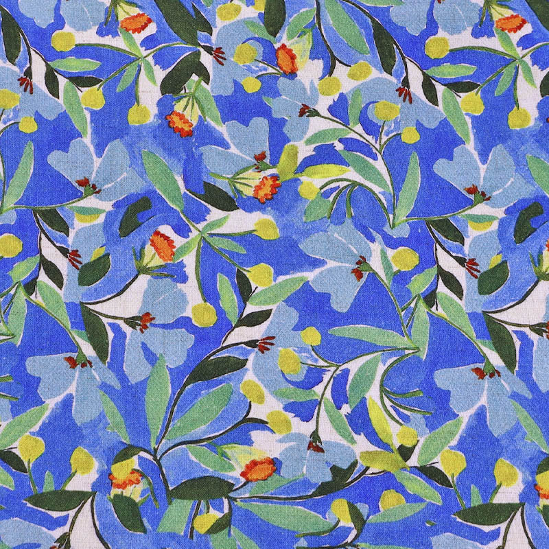 80% Viscose 20% Linen Linen and Viscose Blend Crepe Fabric - Blue & Yellow Floral