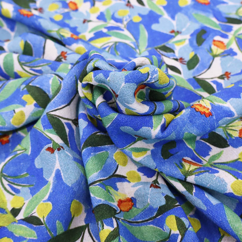 80% Viscose 20% Linen Linen and Viscose Blend Crepe Fabric - Blue & Yellow Floral