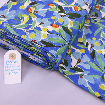 80% Viscose 20% Linen Linen and Viscose Blend Crepe Fabric - Blue & Yellow Floral