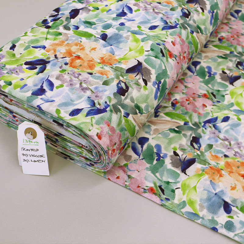 70% Viscose 30% Linen Crepe Fabric - Floral Vines - blue, green, pink and orange