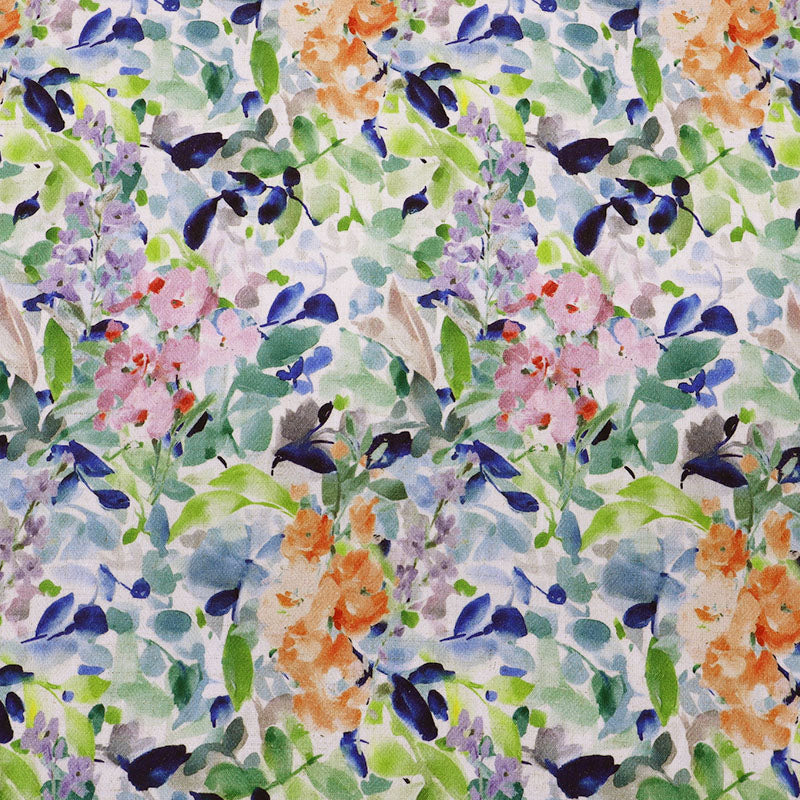 70% Viscose 30% Linen Crepe Fabric - Floral Vines - blue, green, pink and orange
