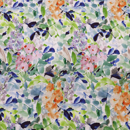 70% Viscose 30% Linen Crepe Fabric - Floral Vines - blue, green, pink and orange