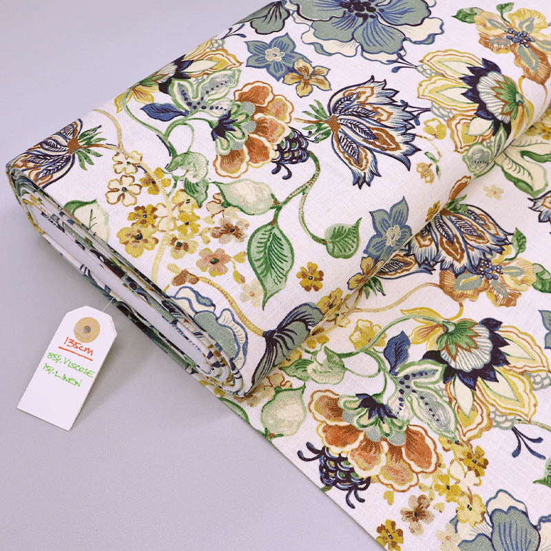 85% Viscose 15% Linen
Linen and Viscose Blend Fabric - Yellow and Blue Floral on Cream background