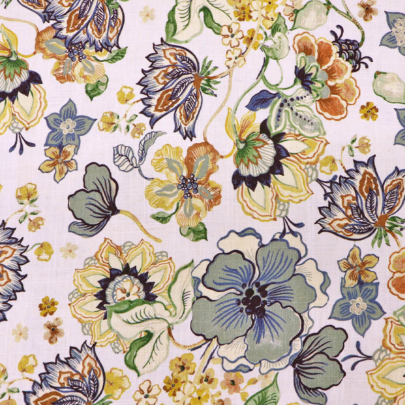 85% Viscose 15% Linen
Linen and Viscose Blend Fabric - Yellow and Blue Floral on Cream background