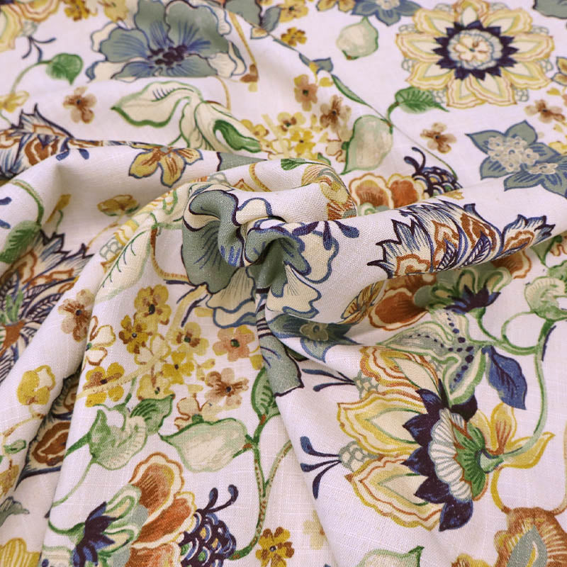 85% Viscose 15% Linen
Linen and Viscose Blend Fabric - Yellow and Blue Floral on Cream background