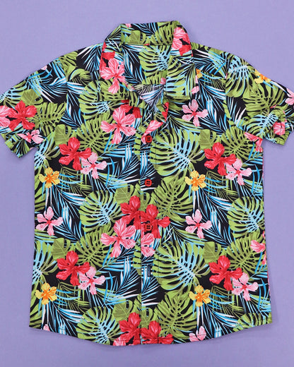 Dressmaking Tropical Palms & Flowers Print Cotton - Multicoloured