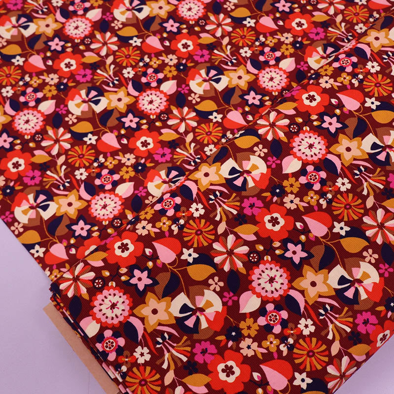 100% Cotton Floral Needlecord Fabric - Orange and Maroon