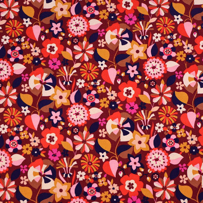 100% Cotton Floral Needlecord Fabric - Orange and Maroon