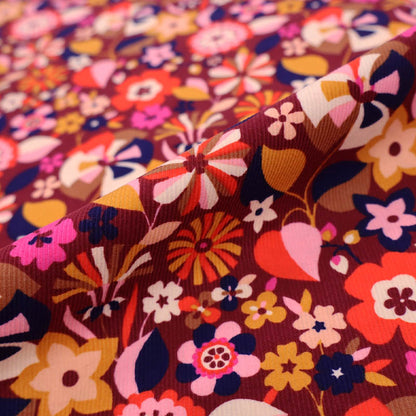 100% Cotton Floral Needlecord Fabric - Orange and Maroon