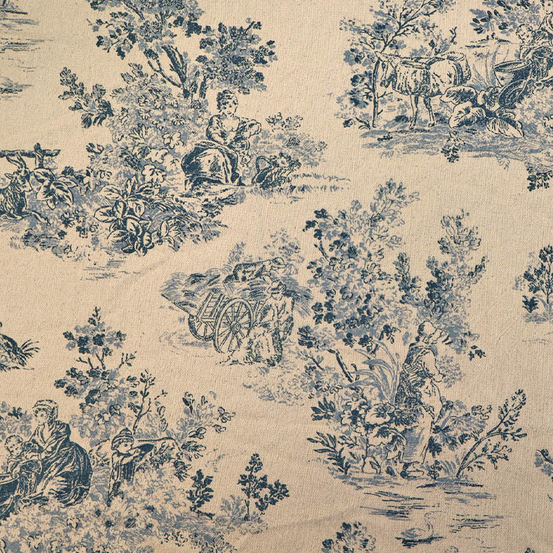 100% Cotton Toile de Jouy Furnishing Fabric - Blue and Natural